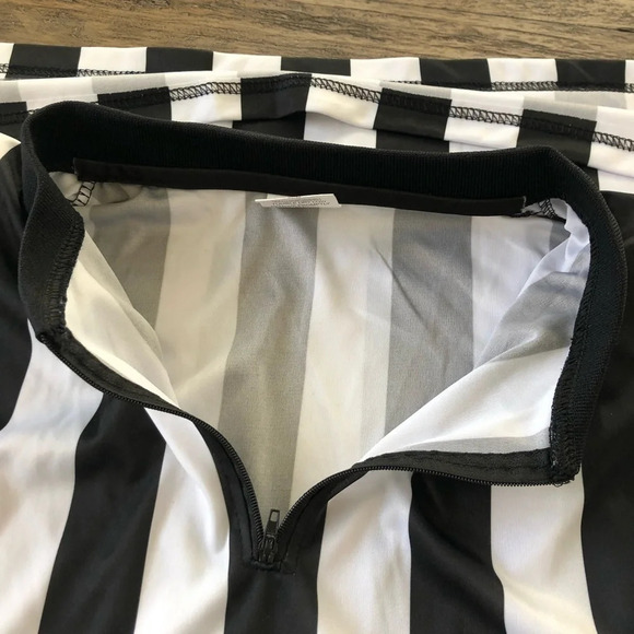 Crown Mens Large Striped Referee Polo Quarter Zip Up Shirt Umpire Sports Costume - Picture 5 of 8